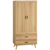 2 Door Wardrobe, Modern Wardrobe w/ 2 Drawer, Hanging Rail for Bedroom Natural