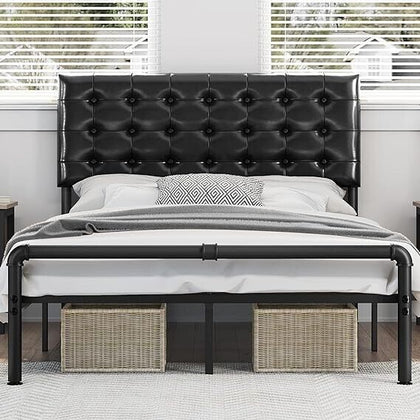 4FT6 Double Bed Frame Metal Platform Bed with Faux Leather Adjustable Headboard