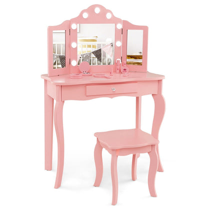2 in 1 Kids Vanity Table and Stool Set Makeup Dressing Table LED Lighted Mirror