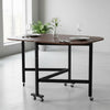 Brown Mobile Arc-edged Drop Leaf Table, Folding Kitchen Dining Table w/ 6 Wheels