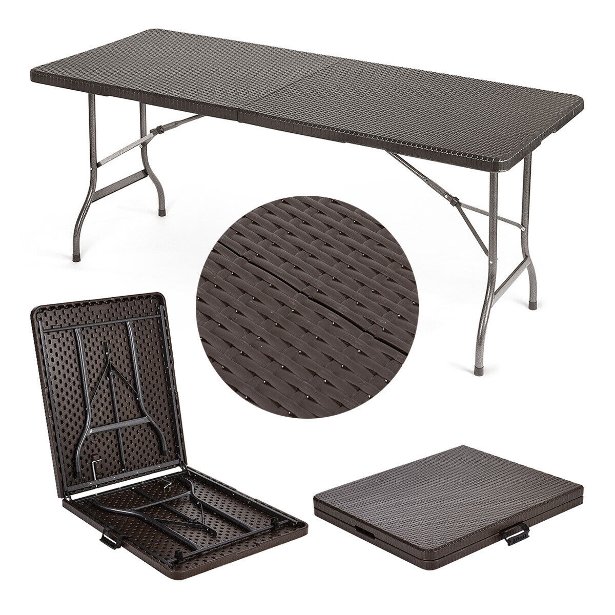 Rattan Garden Dining Table and Chairs Set Folding Camping BBQ Picnic Table Bench