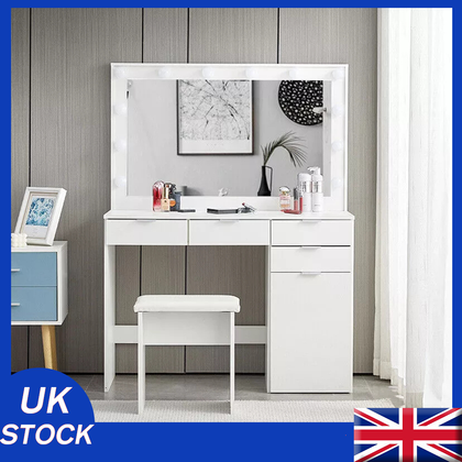 Modern Dressing Table with LED Lights Mirror Stool Drawers Vanity Makeup Desk