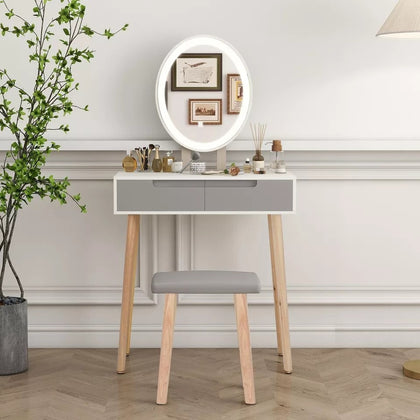 Modern Dressing Table Set with Light Mirror Stool Makeup Desk with Drawer Grey