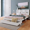 White Wooden Double Size Bed Pine Wood Bed Frame with Storage Drawer & Shelves