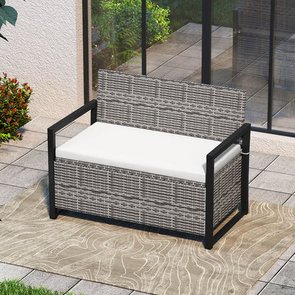 150L Outdoor Gray Storage Bench PE Rattan Deck Box Seat w/Cushion