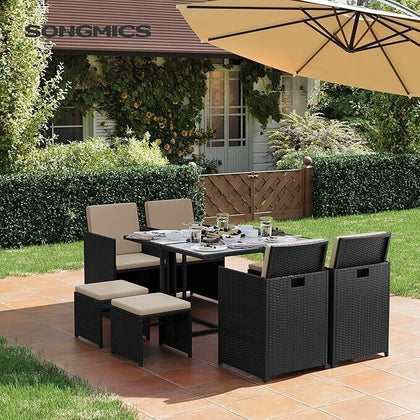 8 Seater Rattan Garden Furniture Set - 4 Chairs 4 Stools & Glass Dining Table