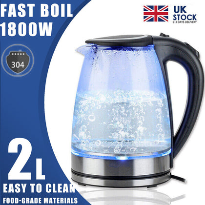 2L Electric Kettle Glass 360 Blue LED Illuminated Jug Auto Shut Off Protection