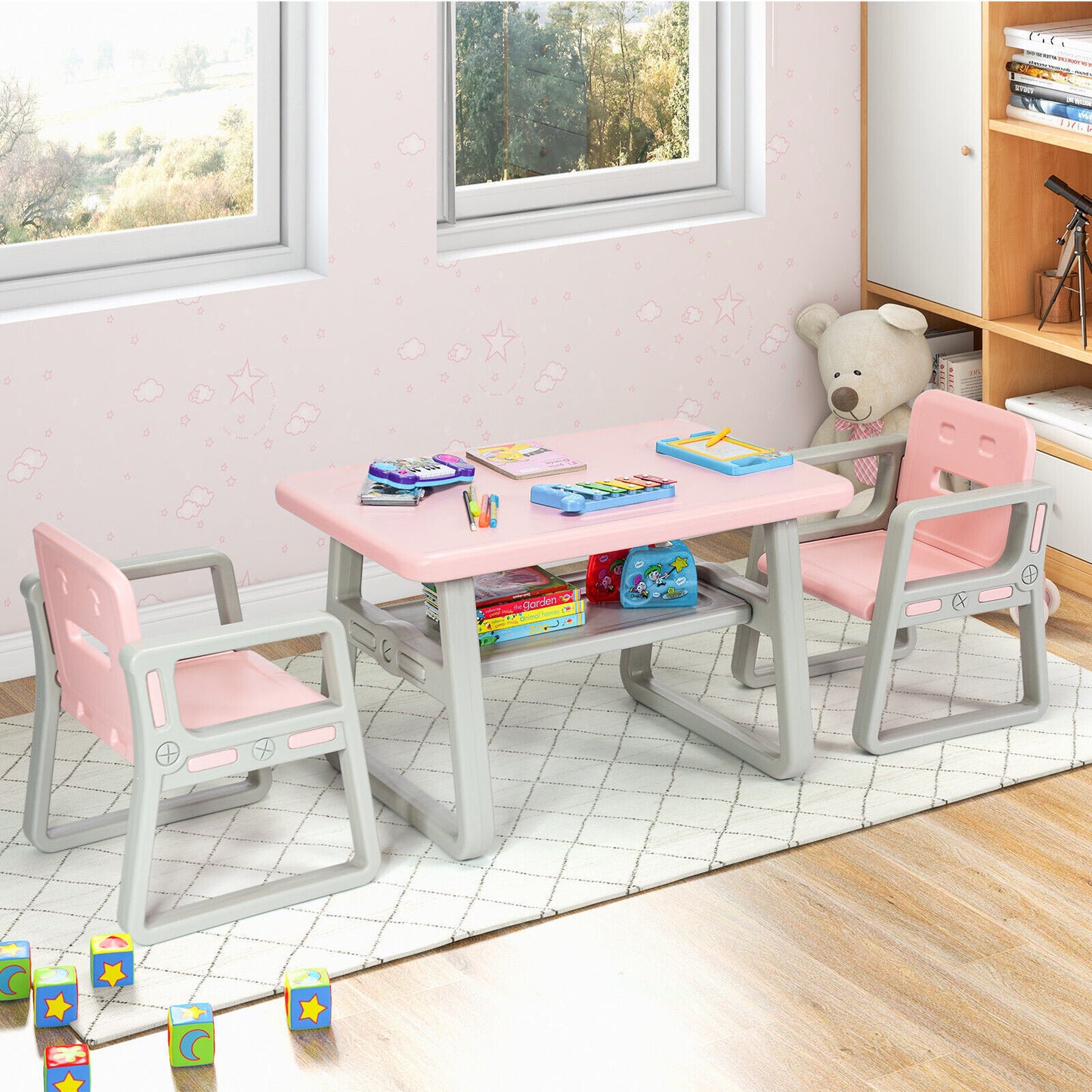 Children Table and 2 Chairs Set Toddlers Learning Activity Play Desk w/Storage