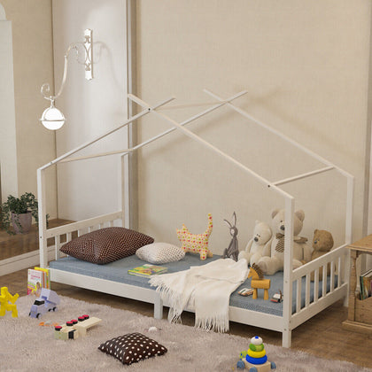 White Wood House Bed 3ft Single Slat Bedframe for Kids Children Bedroom Playroom