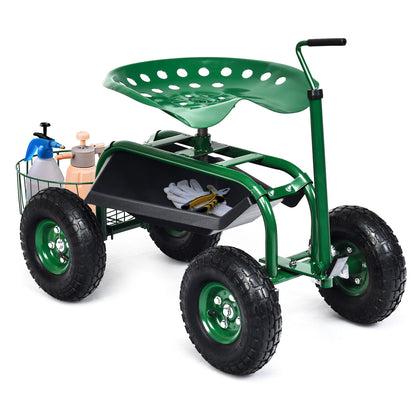 99CM Garden Cart Garden Rolling Scooter Steerable Adjustable Work Seat w/Basket