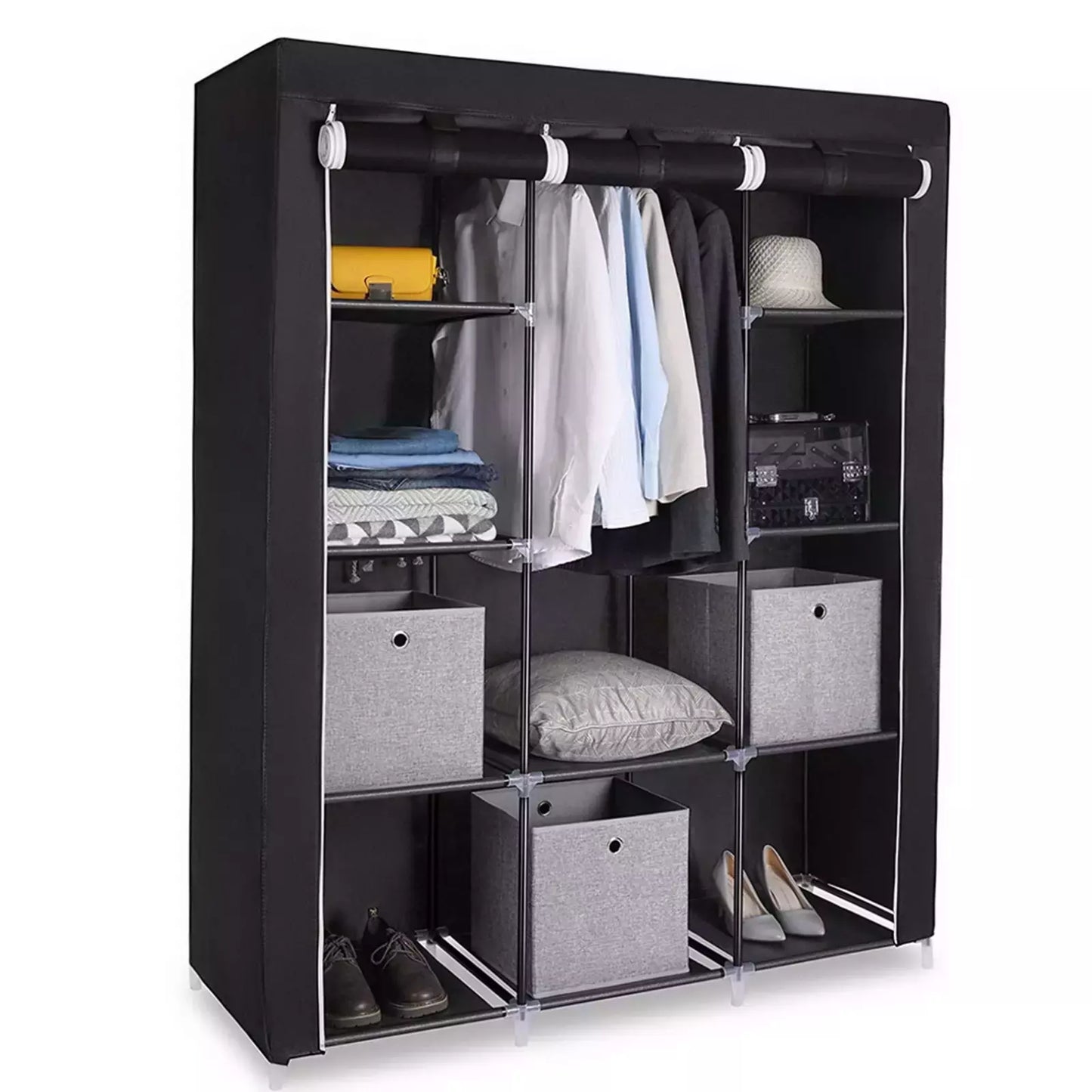 Large Canvas Fabric Wardrobe With Hanging Rail Shelving Clothes Storage Cupboard