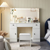 White Dressing Table with Large LED Mirror Wood Makeup Desk 3 Drawers Stool