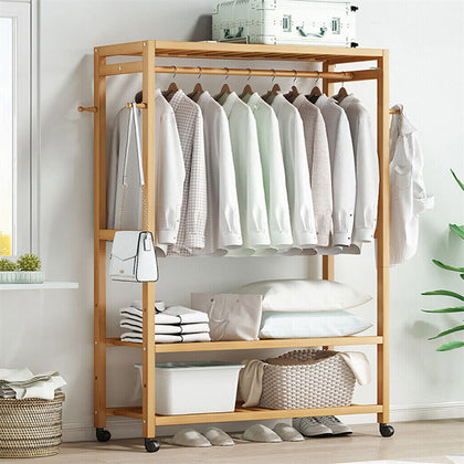 Bamboo Clothes Rail Scarf Holder Rack Garment Hanging Stand Mobile Storage Shelf