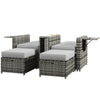 Recliner Rattan Sun Lounger w/ Storage Tea Table & Footstools, Grey