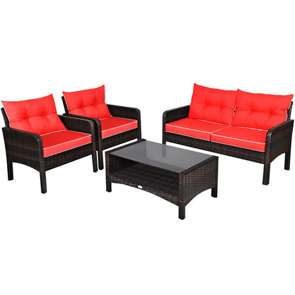 4 Pieces PE Rattan Patio Conversation Set Outdoor Rattan Furniture w/ Cushions