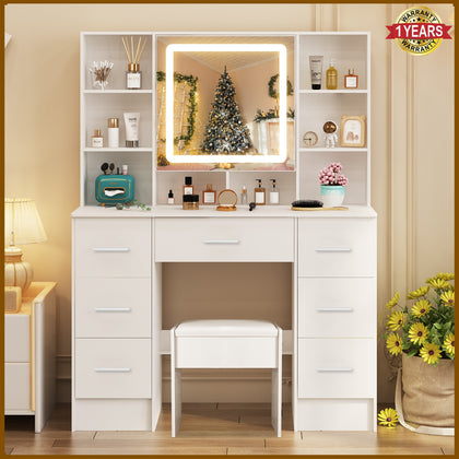 Large LED Dressing Table Mirror 7 Drawers Stool Vanity Makeup Desk Set Bedroom