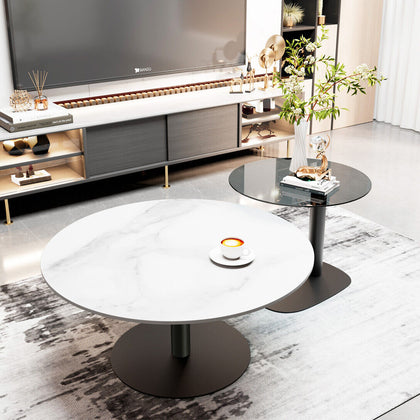 2pcs Round Coffee Table Set Thicken Solid Slate & Glass Tabletop Bedside Table