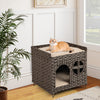 Foldable Wicker Kitten Condo 2-tier Rattan Cat House w/ Elevated Perch