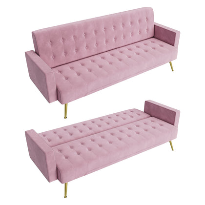 3 Seater Sofa Bed Pink Luxury Velvet Nonwovens New Foam Contrast Gold Metal Legs