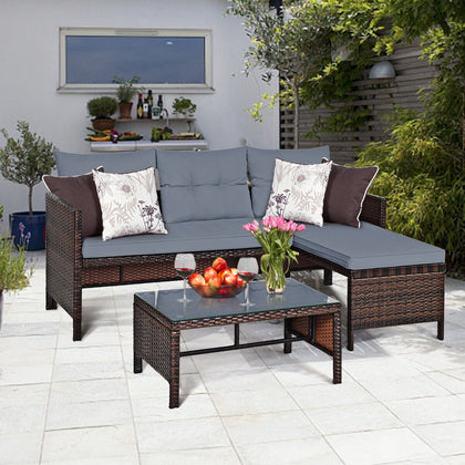 3PCS Outdoor Conversation Set Patio PE Rattan Sectional Sofa Table Furniture Set