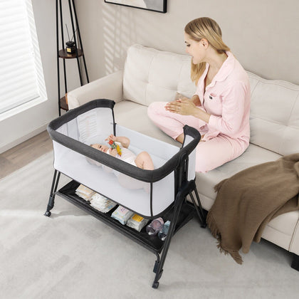 Baby Bedside Sleeper Folding Portable Baby Crib Adjustable Bassinet with Storage