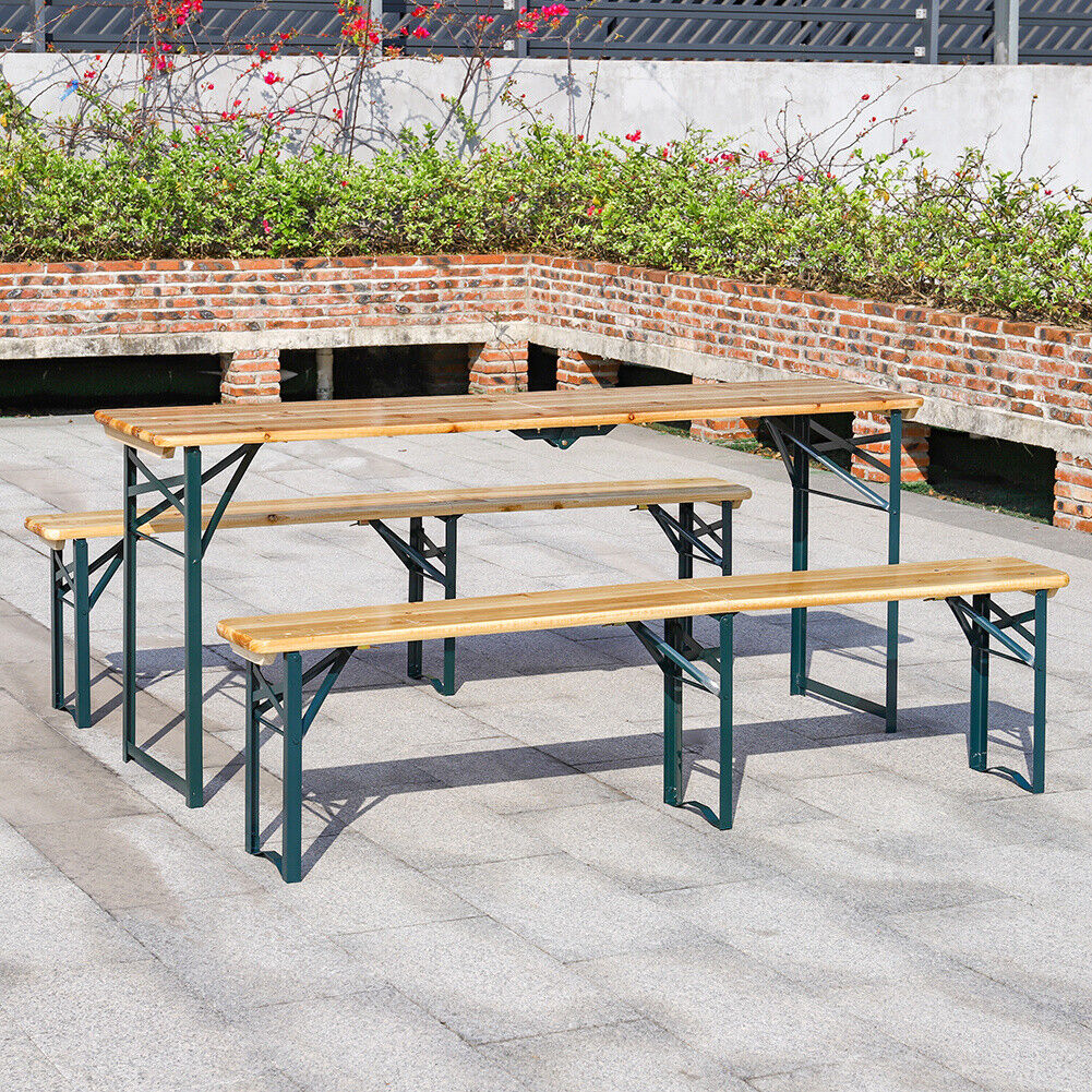 3pcs Garden Folding Table Chair Set Beer Table Wooden Bench Trestle Dining Seat