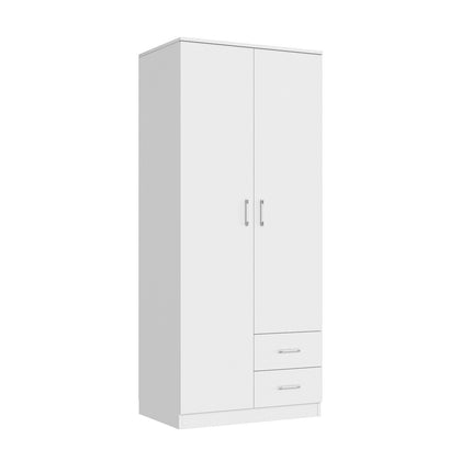 2 Door 2 Drawer White Wardrobe with Hanging Rail Wooden Clothes Storage Cupboard