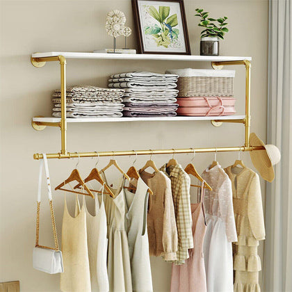 116cm Gold Metal Clothes Bar Rack Pipe Wall Garment Hanging Storage Rail Shelves