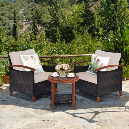 3 Pcs Outdoor Furniture Set Patio Rattan Chair Table Conversation Set w/Cushions