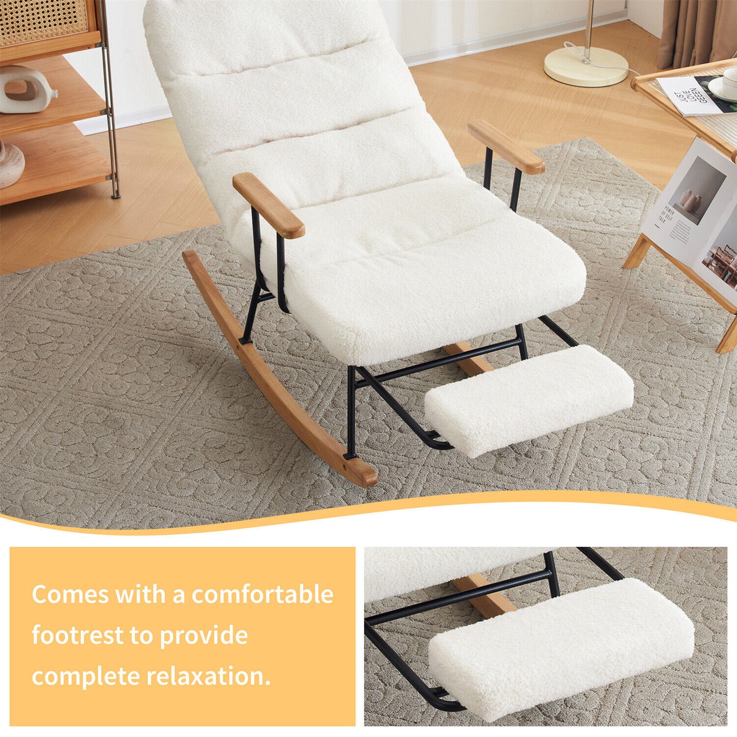 Nursing Boucle Fabric Rocking Chair Relaxing Recliner Armchair with Footrest