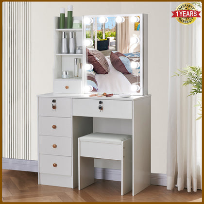 Makeup Desk Vanity Stool Dressing Table with 10 LED Lights Sliding Mirror Set