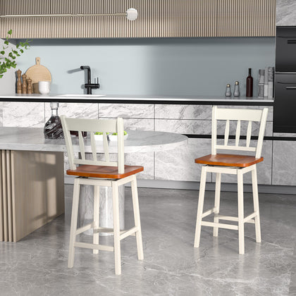 2X Swivel Dining Bar Stool Rubber Wood Counter Height Stools w/Backrest Footrest