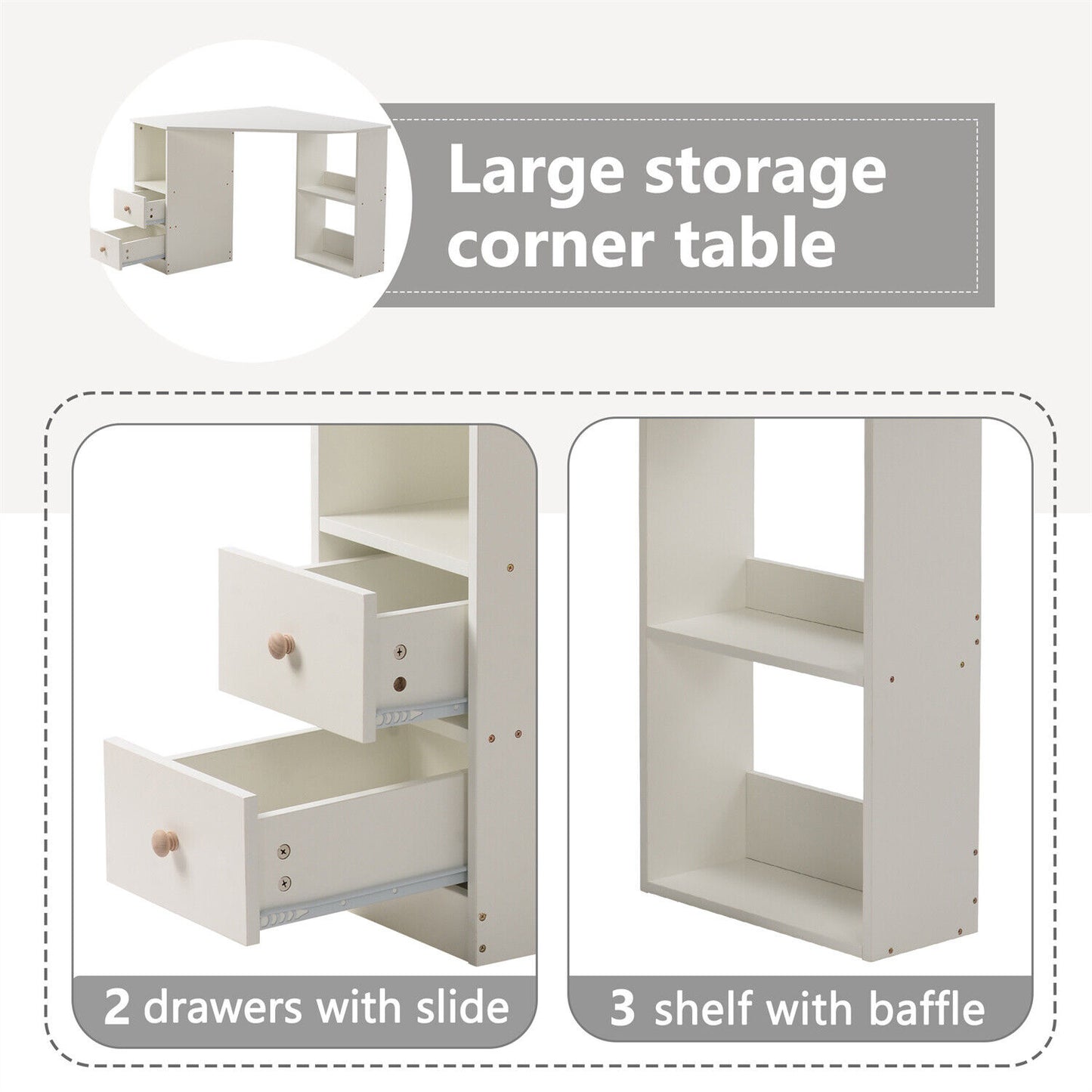 Corner Computer Desk with Storage Shelves Home Office Study Workstation Wooden