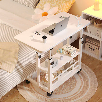 2/3 Tier Adjustable Mobile Overbed Chair Table Dining Tray Laptop Stand Hospital