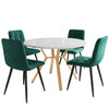 Round Kitchen Dining Table With Marble Look and 4 Green Tufted Velvet Chairs Set