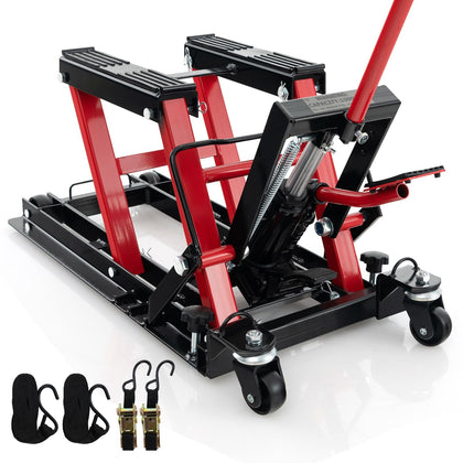 680KG Motorcycle Lift Jack Hydraulic Motorcycle Hoist w/ 4 Wheels-Red