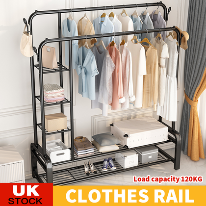120KG Heavy Duty Double Clothes Rail Load Cloth Rack With Shelves Shoe Stand New