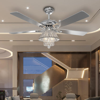 52'' Crystal Ceiling Fan Light 5 Blades 3 Speeds Reversible Chandelier w/Remote