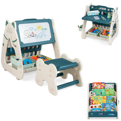 3-in-1 Double-sided Kids Art Easel Toddlers Book Rack Adjustable Table w/Stool