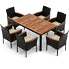 7 PCS PE Rattan Outdoor Patio Dining Set 6 Stackable Chairs Acacia Wood Table