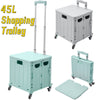 FOLDING SHOPPING CART PLASTIC CRATE TROLLEY STORAGE BOX WHEELS BOOT WITH LID 45L