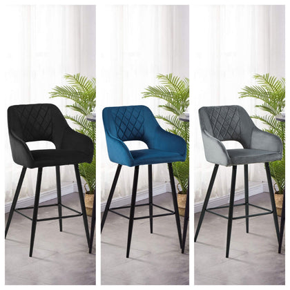 2 x Velvet Bar Stools Metal Leg Padded Seat Breakfast Stools Kitchen Chair New