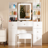 White Dressing Table Set Vanity Desk with 3-Color LED Light Mirror, Stool Drawer