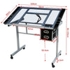 Rolling Drafting Table Angle Adjustable Drawing Artwork Desk with Glass Tabletop