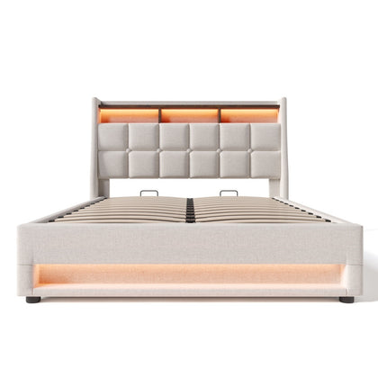6FT SUPER KING OTTOMAN BED FRAME WITH STORAGE, LED LIGHTING, USB TYPE-C, BEIGE