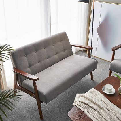 Modern Grey 2 Seater Sofa Armchair Small Loveseat Couch Settee Walnut Wood Frame