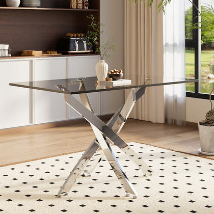 Modern Clear Tempered Glass Dining Table Cross Chrome Legs Kitchen Furniture