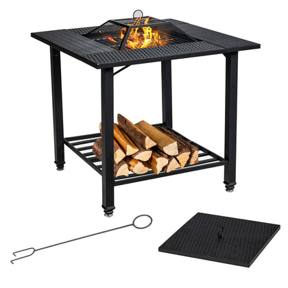 4 in 1 Outdoor Fire Pit Dining Table Square Wood Burning Fire Bowl W/ Mesh Cover