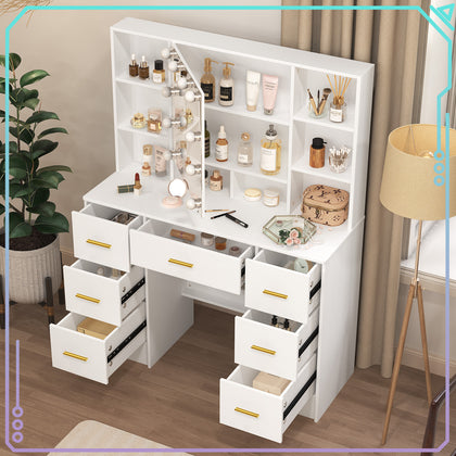 7 Drawers Large Vanity Makeup Desk with 10 LED Bulbs Mirror and Shelves White