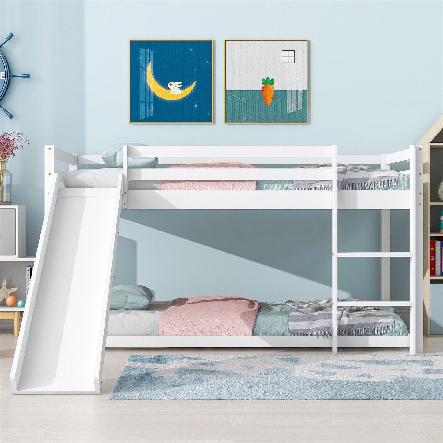 Kids Wooden Bunk Beds High Sleeper with Slide Ladder Cabin Bed 3FT Single White
